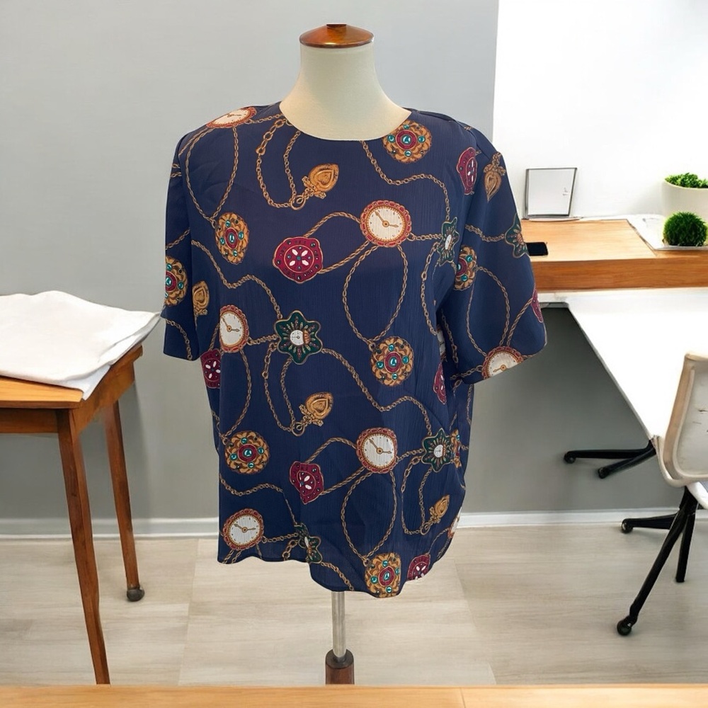 Notations Navy‎ Chain Print Blouse Sz Large